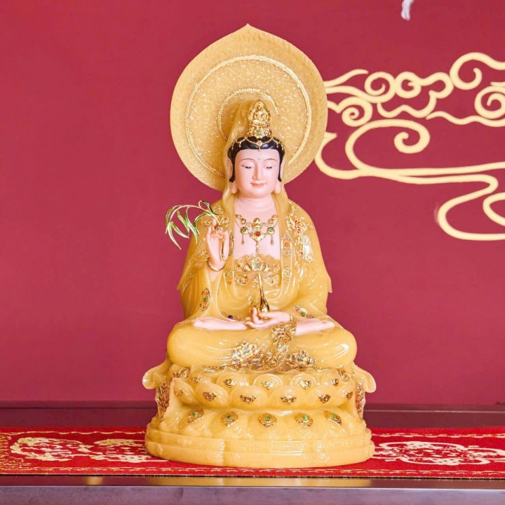 Tượng Quan Âm bột đá thạch anh vàng kim 